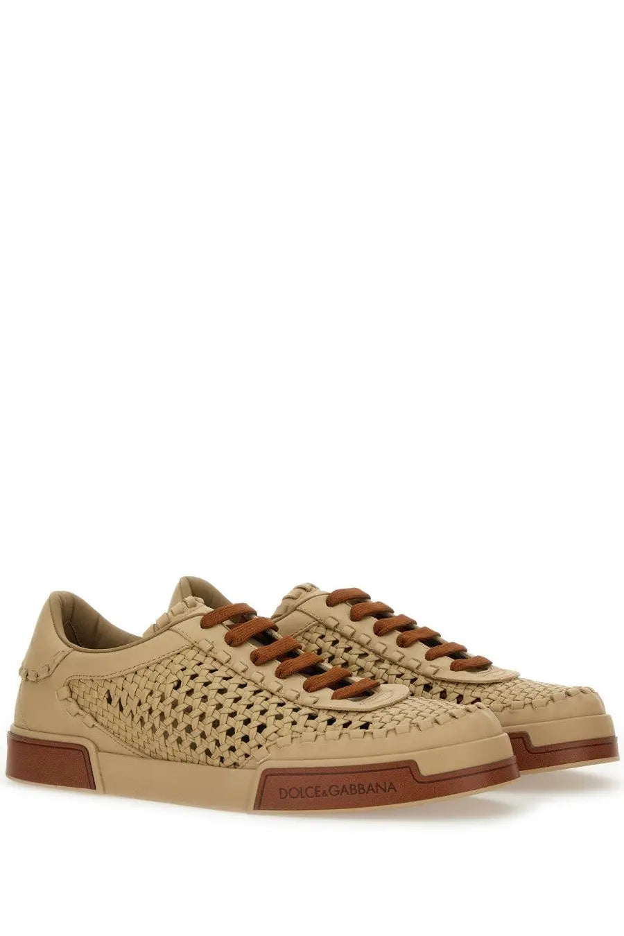 Dolce &amp; Gabbana men’s woven Portofino sneaker in beige leather with brown laces and matching rubber sole