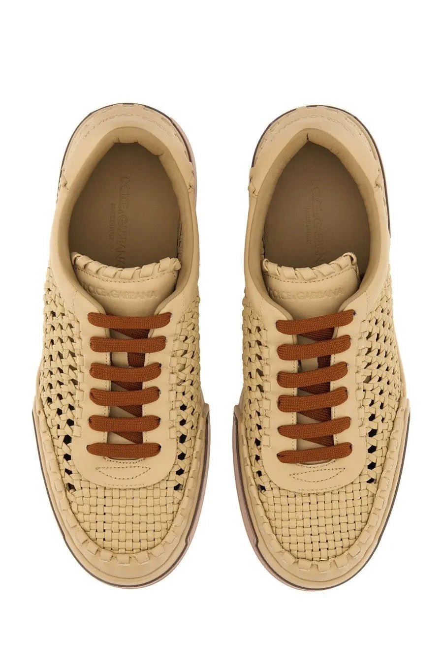 Dolce &amp; Gabbana men’s beige woven leather Portofino sneakers with brown laces and textured braided upper