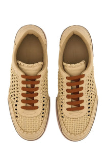 Dolce &amp; Gabbana men’s beige woven leather Portofino sneakers with brown laces and textured braided upper