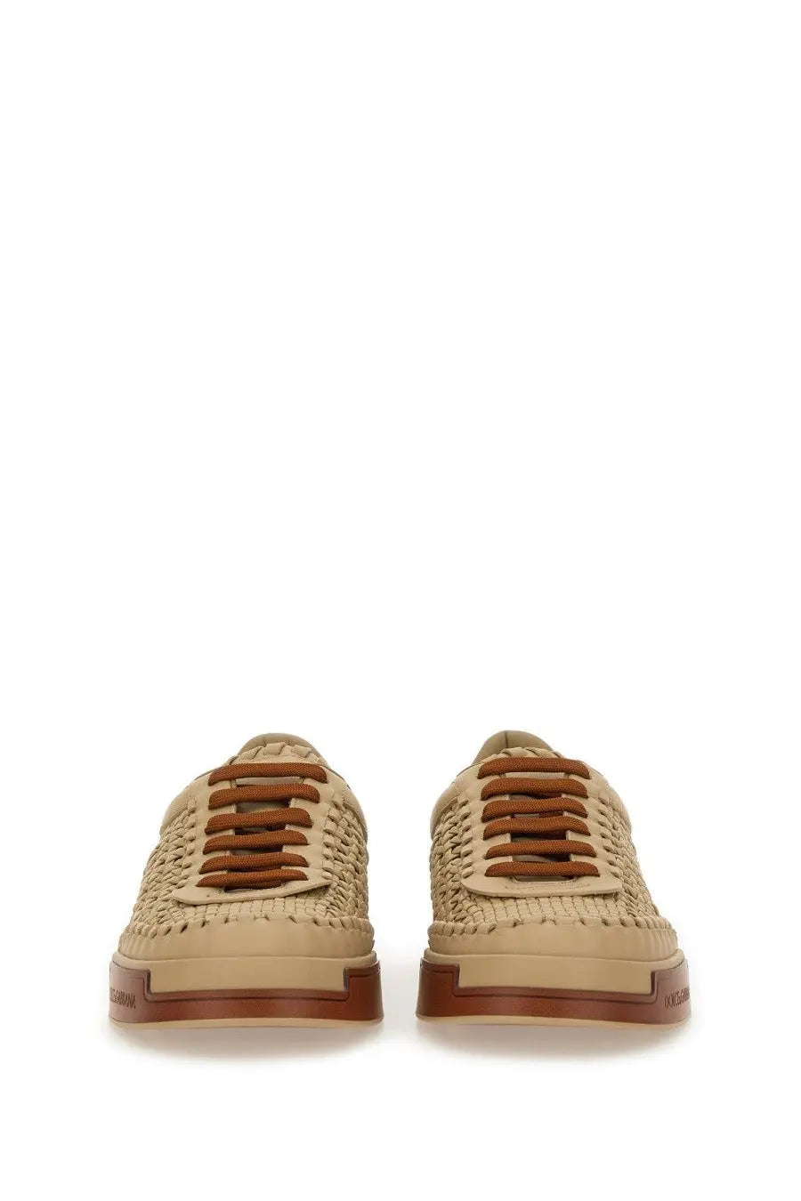 Dolce &amp; Gabbana men’s woven Portofino sneaker in beige with brown laces and matching rubber sole made of leather