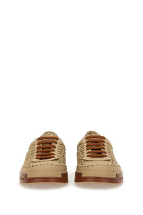 Dolce &amp; Gabbana men’s woven Portofino sneaker in beige with brown laces and matching rubber sole made of leather