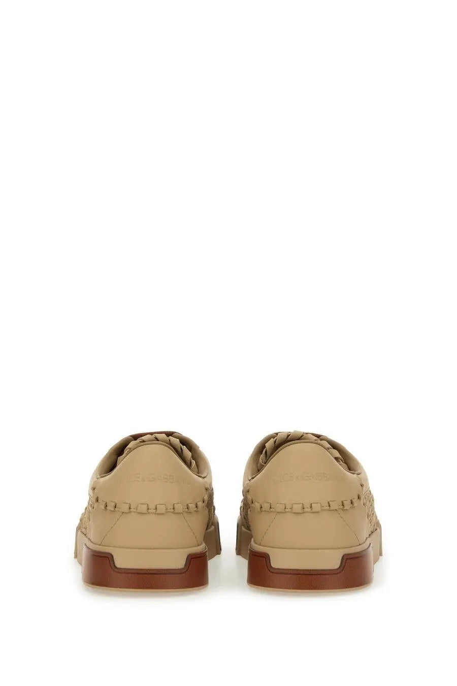 Dolce &amp; Gabbana men’s woven Portofino sneaker beige with beige leather, braided detailing, and brown rubber soles