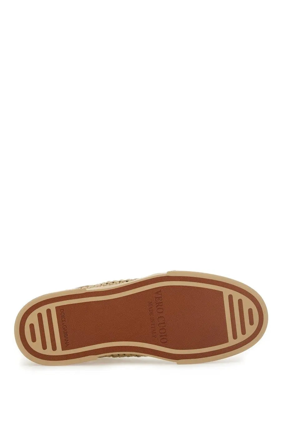 Tan rubber sole with textured pattern and embossed Dolce &amp; Gabbana logo on men’s woven Portofino sneaker beige