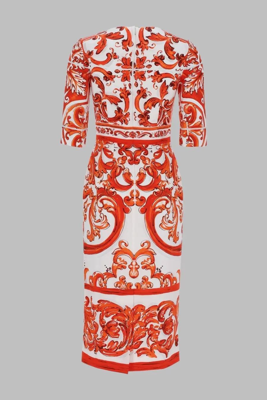 Dolce &amp; Gabbana women’s midi dress with vibrant orange and white baroque print in charmeuse fabric and three-quarter sleeves
