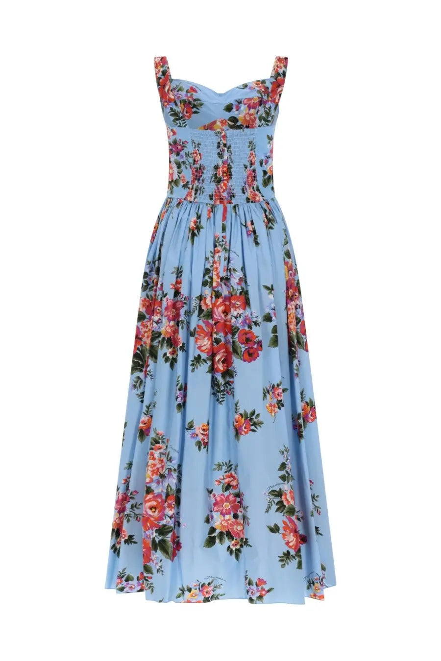 Dolce &amp; Gabbana women’s light blue floral print midi dress with sweetheart neckline and gathered waist