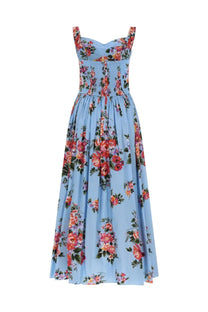 Dolce &amp; Gabbana women’s light blue floral print midi dress with sweetheart neckline and gathered waist