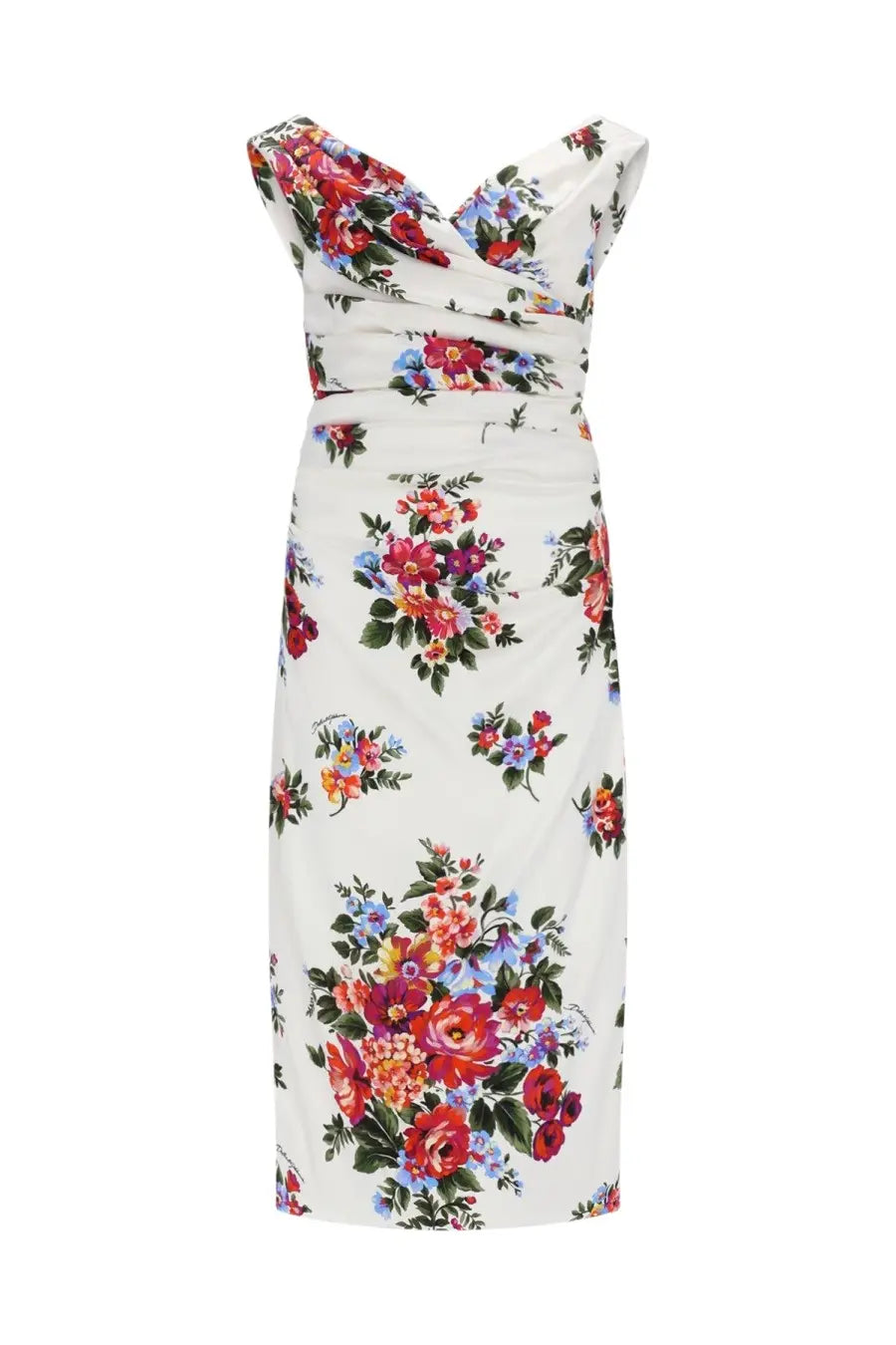 Dolce &amp; Gabbana women’s white floral print satin midi dress with draped off-the-shoulder neckline and multicolor blossoms