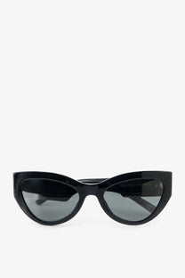 Dolce &amp; Gabbana women’s black acetate cat-eye sunglasses with dark gray lenses and a glossy finish