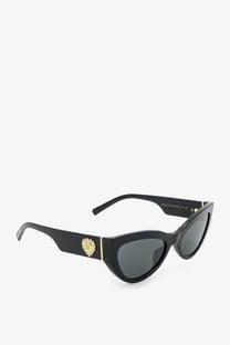 Dolce &amp; Gabbana women’s black acetate cat-eye sunglasses with gold-tone medusa head emblem on the temple