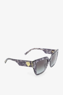 Dolce &amp; gabbana women’s black acetate sunglasses with dark gray snakeskin pattern and gold medusa head emblem on the temple