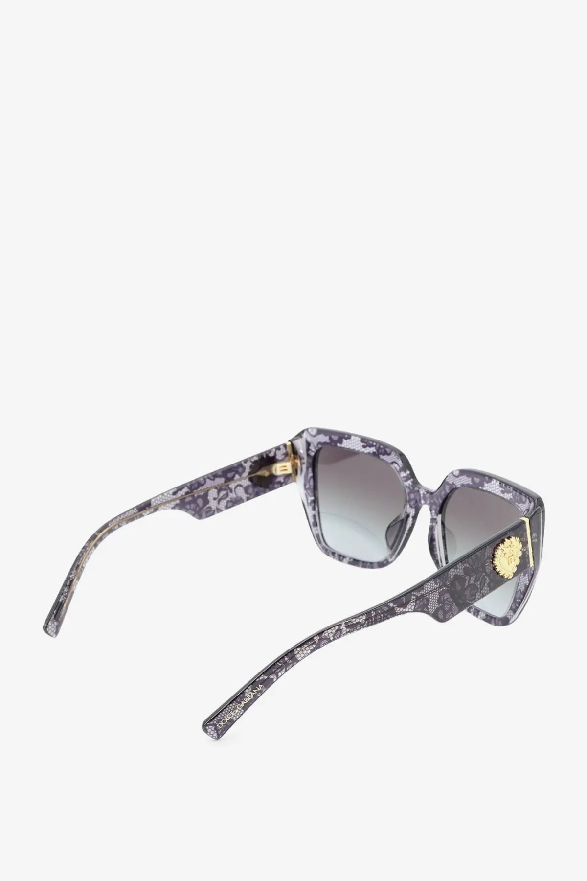 Dolce &amp; Gabbana women’s square acetate sunglasses with gray and black lace pattern and gold-tone detailing