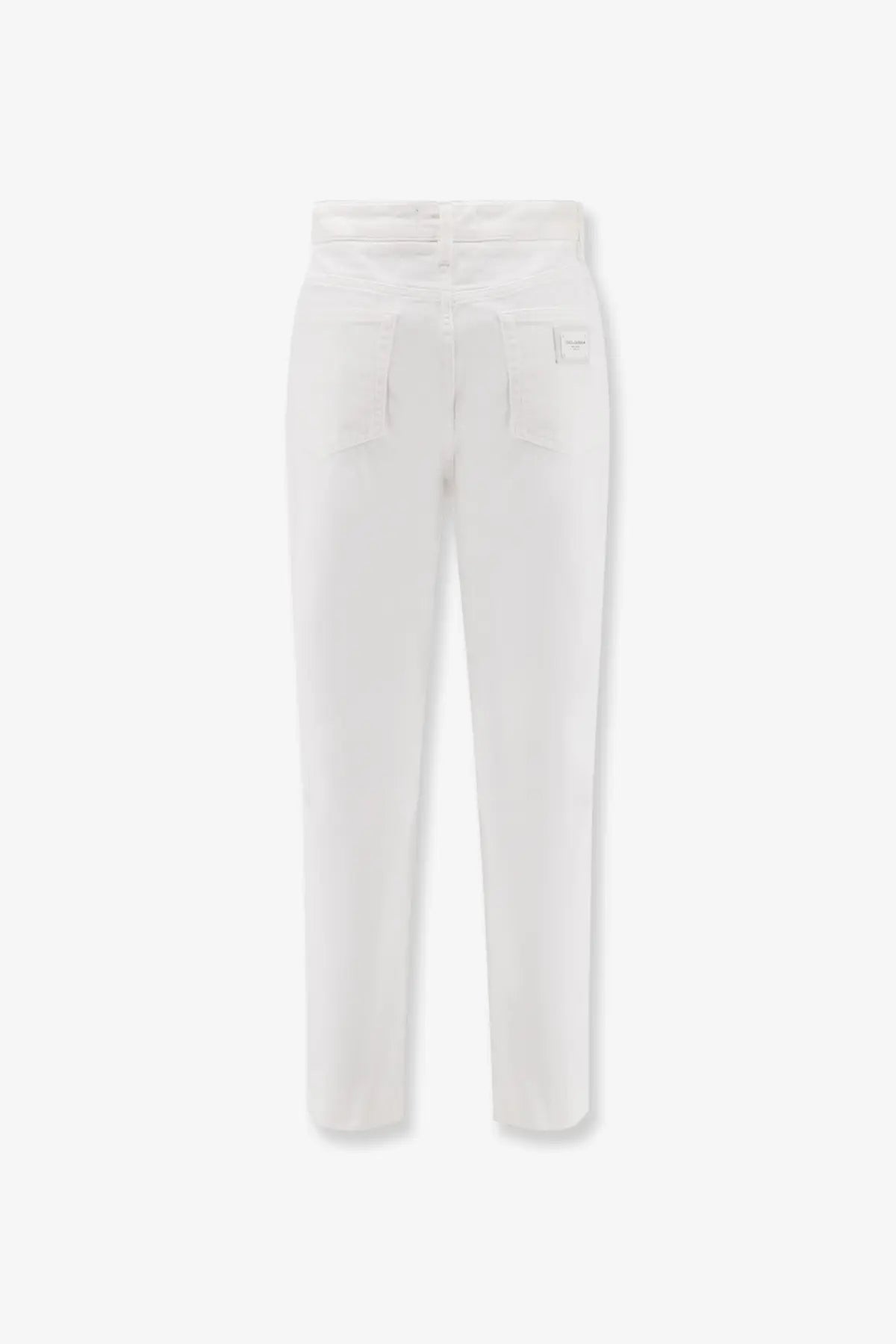 Dolce &amp; Gabbana women’s Audrey white denim trousers with tailored fit and subtle back pleats shown from the back