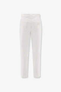 Dolce &amp; Gabbana women’s Audrey white denim trousers with tailored fit and subtle back pleats shown from the back