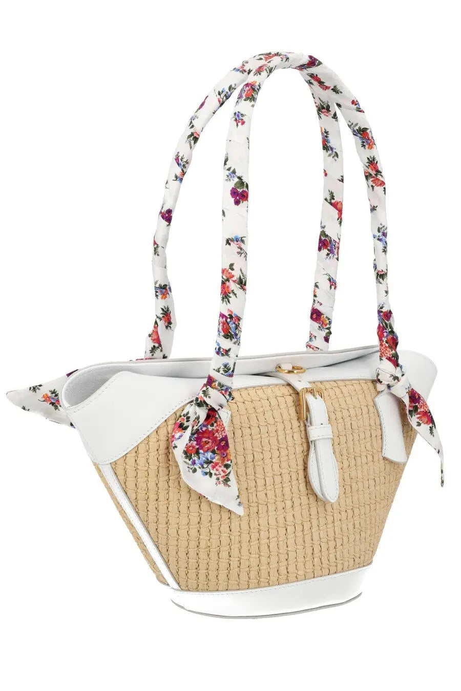 Dolce &amp; Gabbana women’s beige woven straw handbag with white leather trim and floral fabric bow handles Capri white