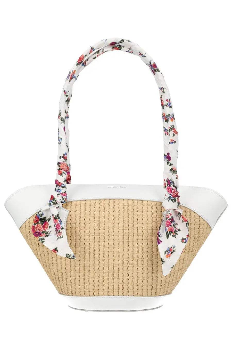Beige woven straw tote bag with white leather trim and floral ribbon handles dolce and gabbana women bag capri white