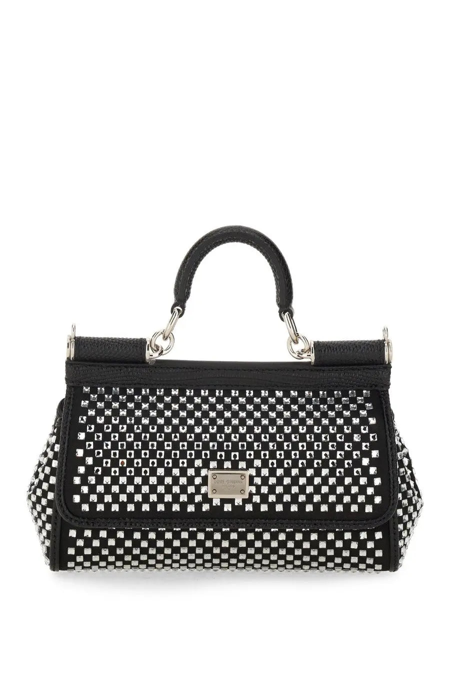 Dolce &amp; Gabbana women’s Sicily small black leather handbag with silver stud pattern and metallic plaque