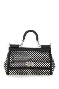 Dolce &amp; Gabbana women’s Sicily small black leather handbag with silver stud pattern and metallic plaque