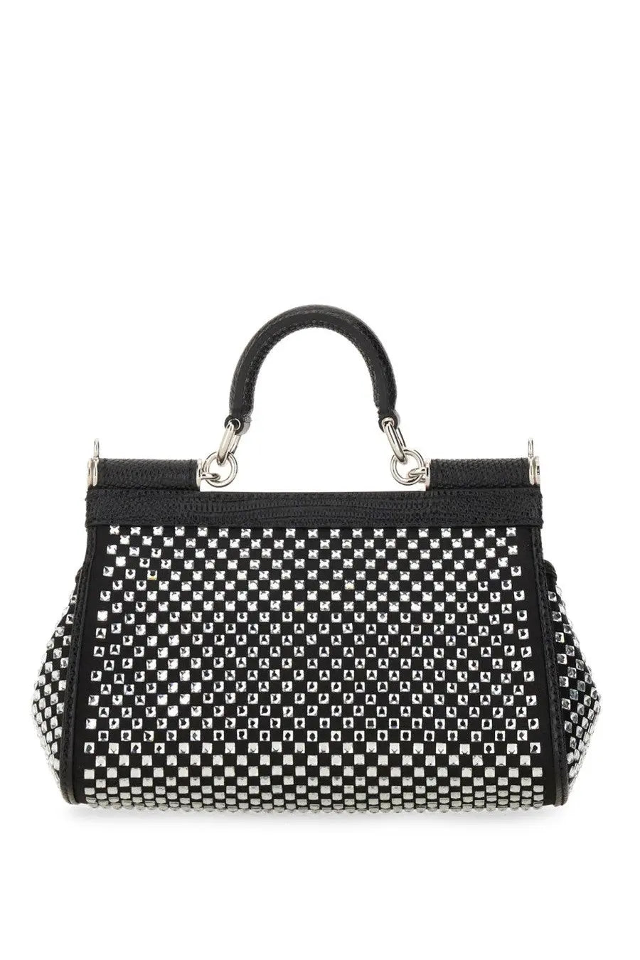 Dolce &amp; Gabbana women’s Sicily small black handbag with checkered studded pattern leather handles and metallic hardware