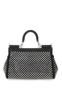 Dolce &amp; Gabbana women’s Sicily small black handbag with checkered studded pattern leather handles and metallic hardware