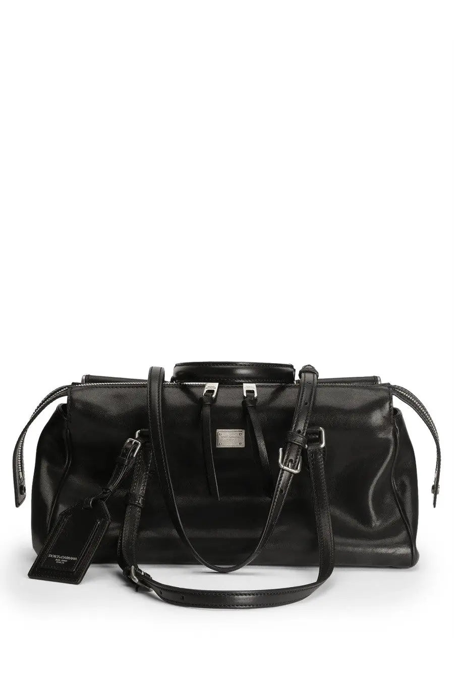 Dolce &amp; Gabbana women’s black leather duffle bag with silver-tone hardware and detachable shoulder strap