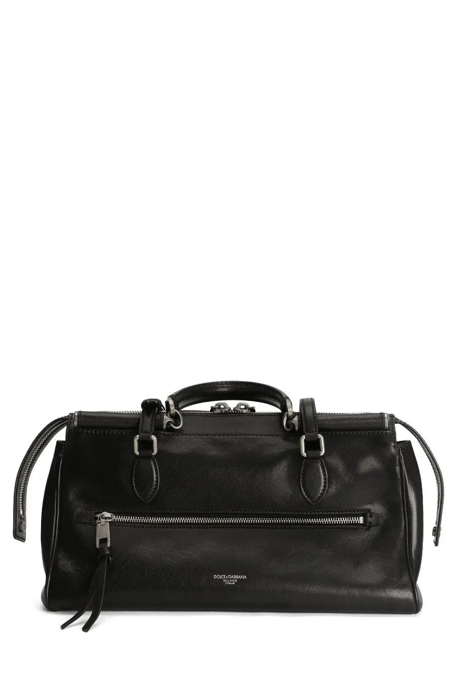 Dolce &amp; Gabbana women’s black leather duffle bag with silver hardware and front zipper pocket