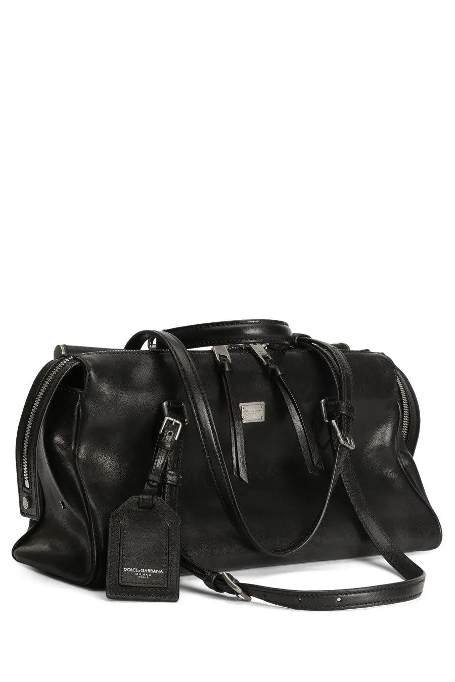 Dolce &amp; Gabbana women’s black leather duffle bag with silver hardware and detachable shoulder strap