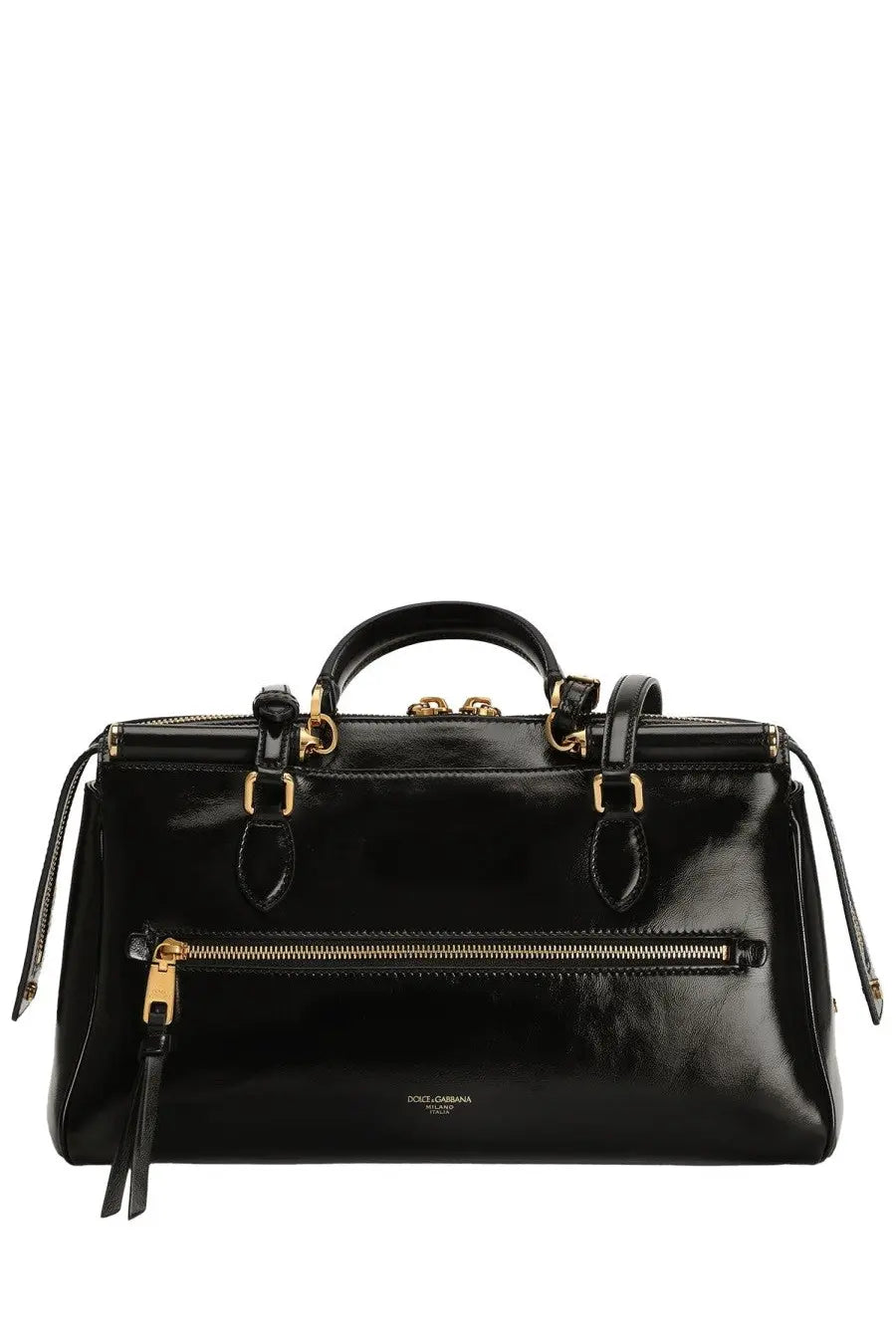 Dolce &amp; Gabbana women’s black patent leather Victory satchel bag with gold-tone hardware and top handles