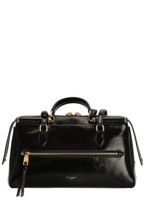 Dolce &amp; Gabbana women’s black patent leather Victory satchel bag with gold-tone hardware and top handles