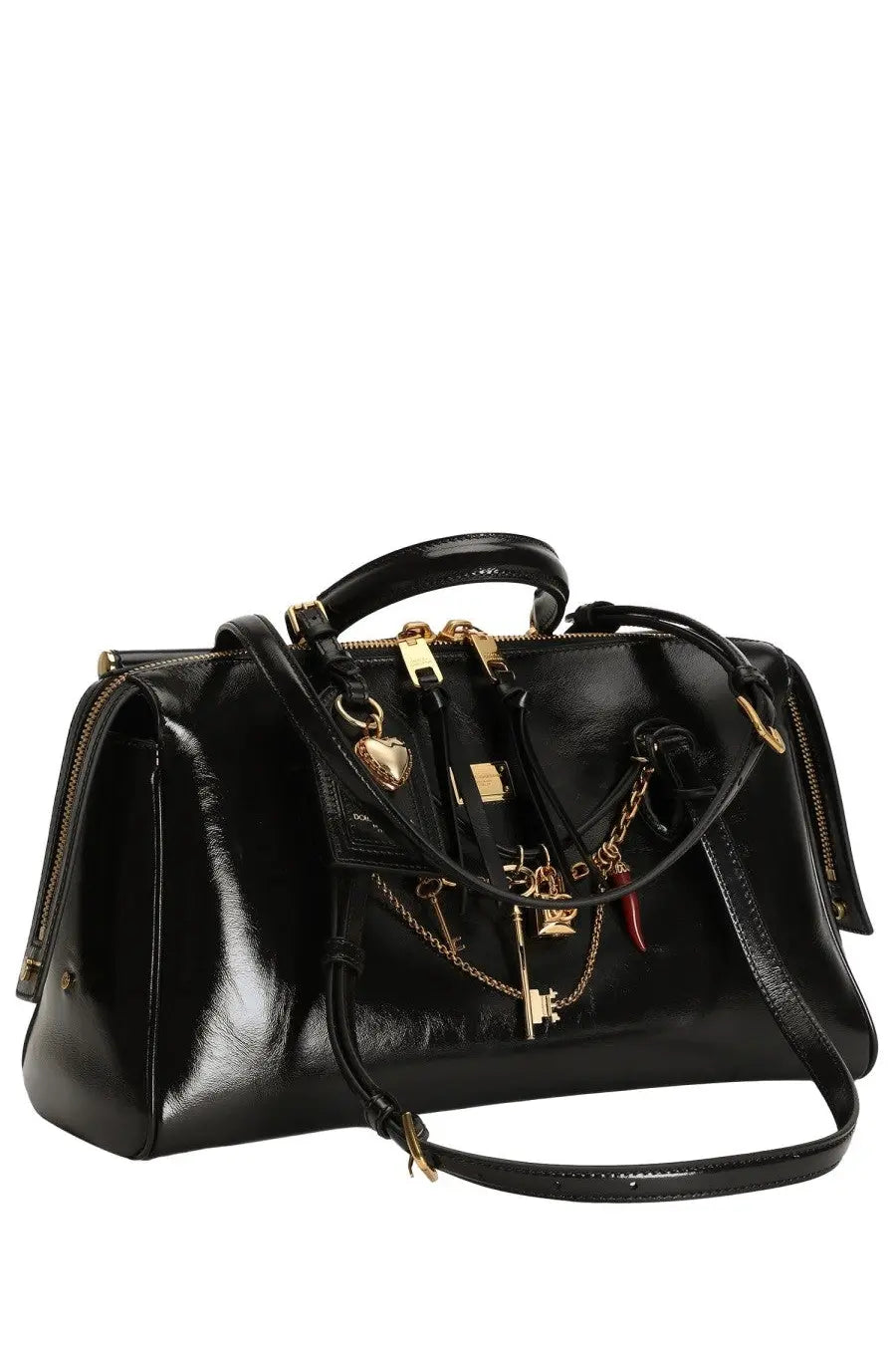 Dolce &amp; Gabbana women’s bag victory black patent leather handbag with gold-tone hardware and dangling charms