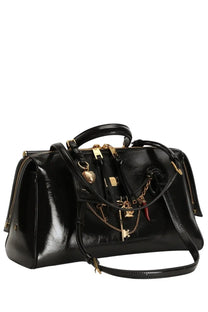 Dolce &amp; Gabbana women’s bag victory black patent leather handbag with gold-tone hardware and dangling charms