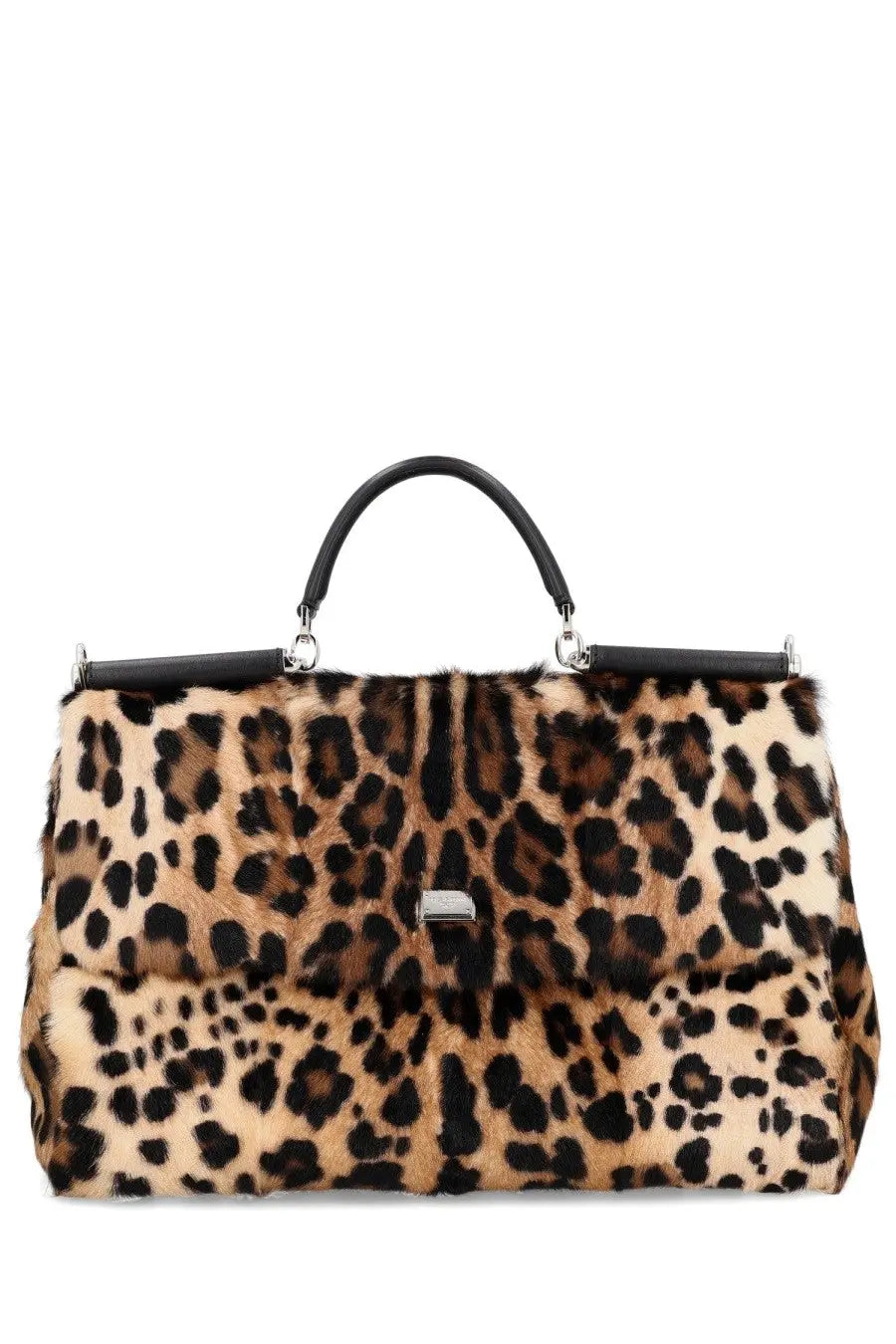 Dolce and Gabbana women’s bag victory pattern leopard print fur handbag with black leather handles and silver hardware