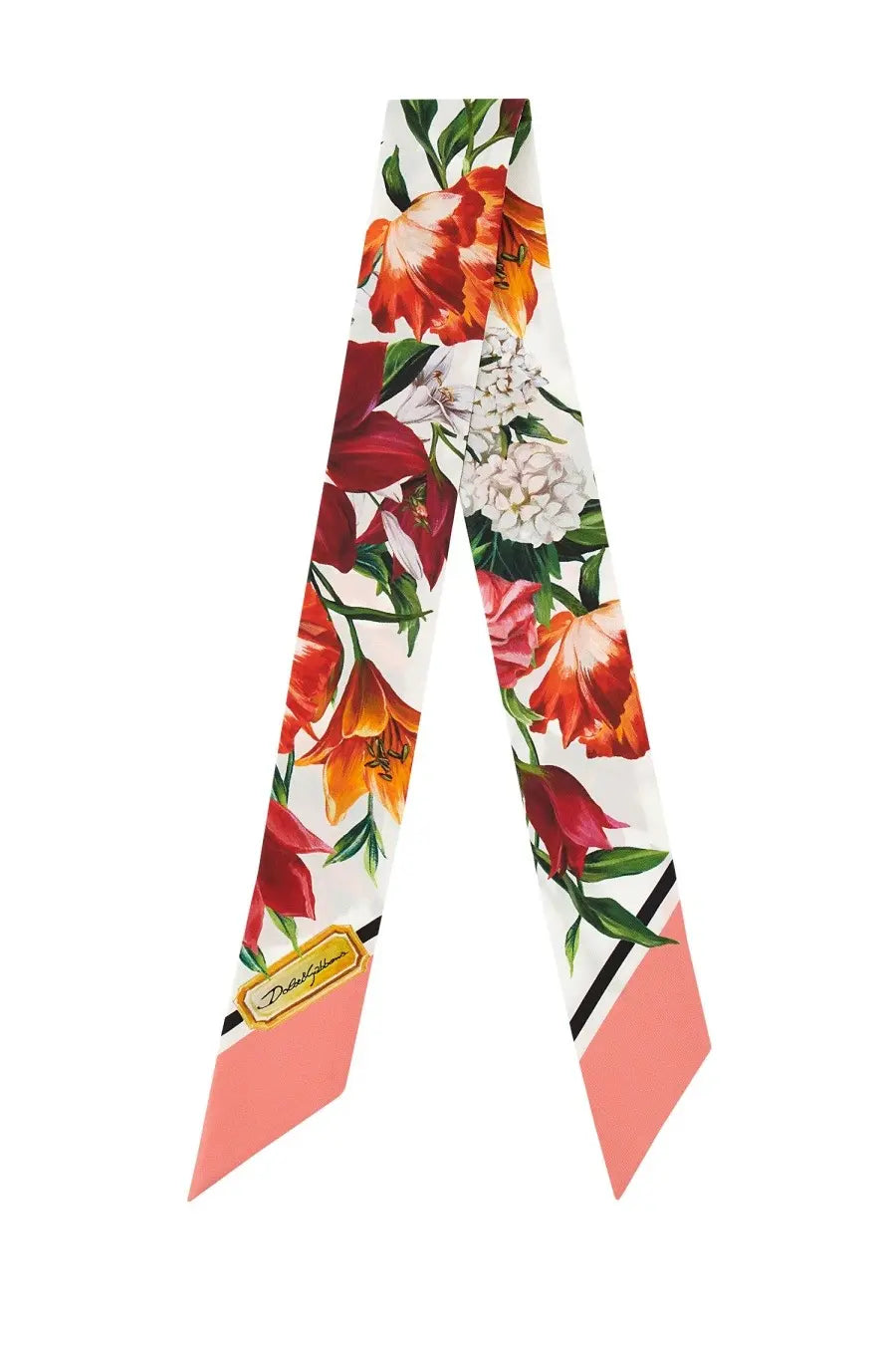 Dolce &amp; Gabbana women’s multicolor twill bandeau scarf with vibrant floral pattern in reds oranges whites and pink ends