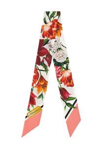 Dolce &amp; Gabbana women’s multicolor twill bandeau scarf with vibrant floral pattern in reds oranges whites and pink ends