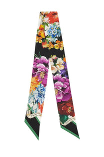 Dolce &amp; Gabbana women’s bandeau silk scarf in twill with vibrant floral pattern on black background