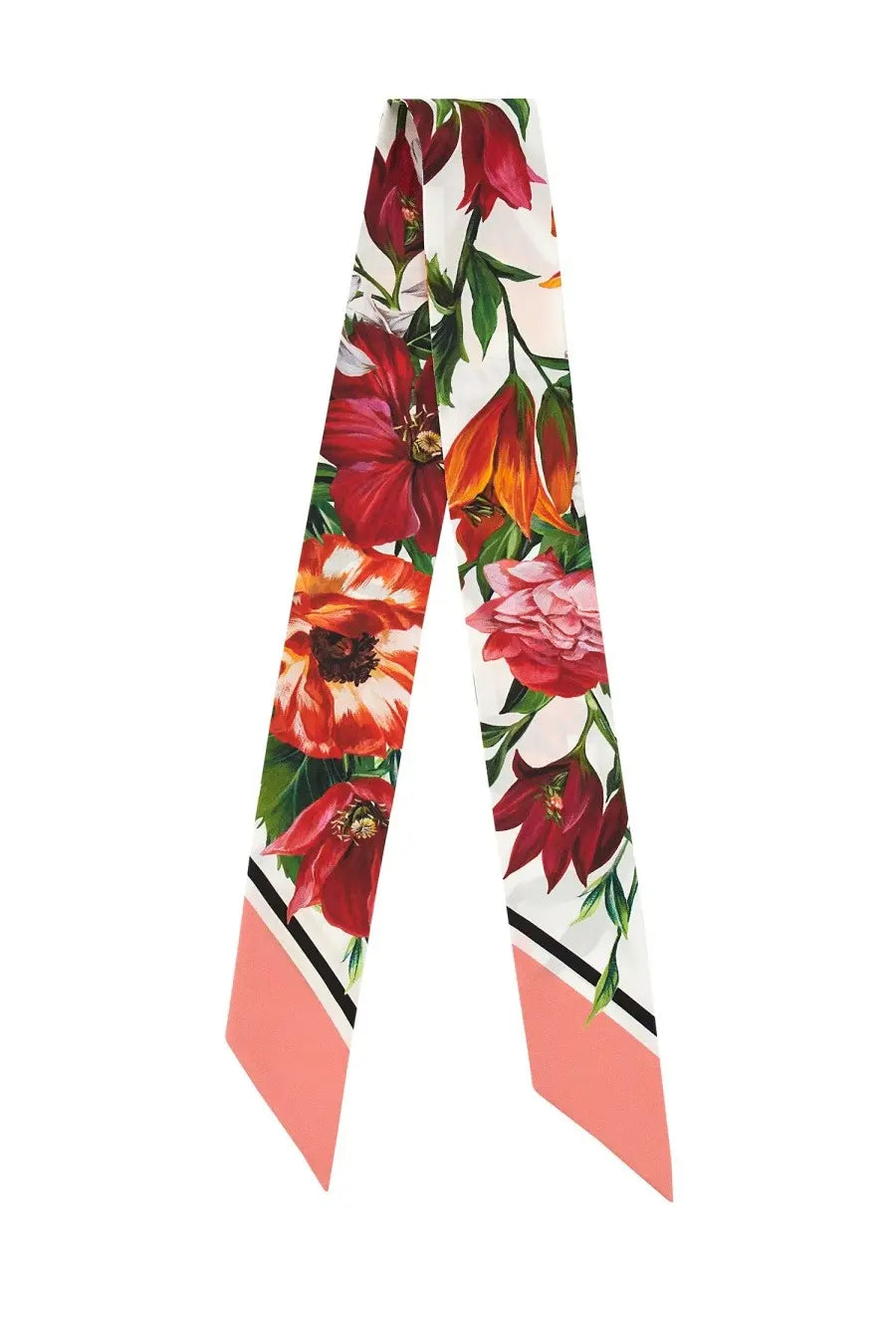 Dolce &amp; Gabbana women’s multicolor silk bandeau with vibrant red orange pink floral print and coral triangular ends