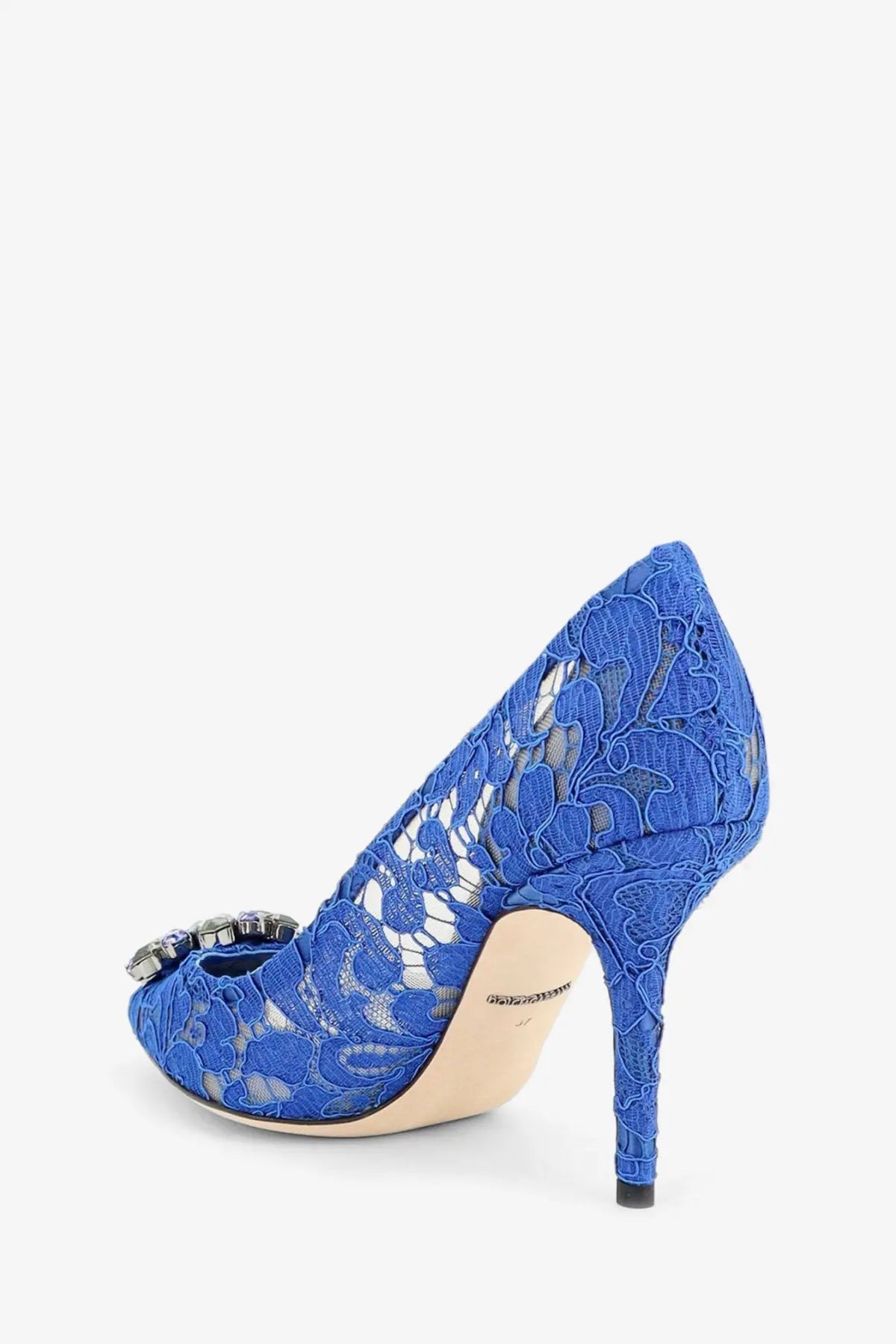 Dolce &amp; Gabbana women’s Bellucci lace blue high heel pump with vibrant jeweled buckle at the toe
