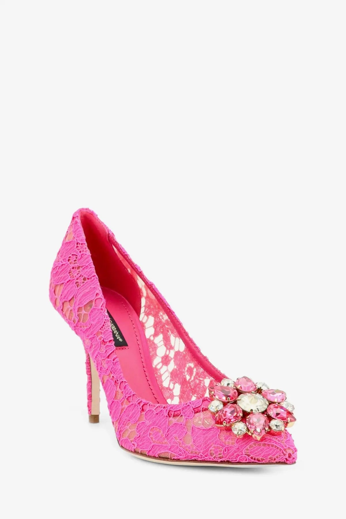 Dolce &amp; Gabbana women’s bellucci pink lace high-heeled pump with sparkling crystal embellishment at the toe