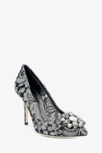 Dolce &amp; Gabbana women’s Bellucci lurex lace high heel pump in black and silver with sparkling crystal cluster at toe
