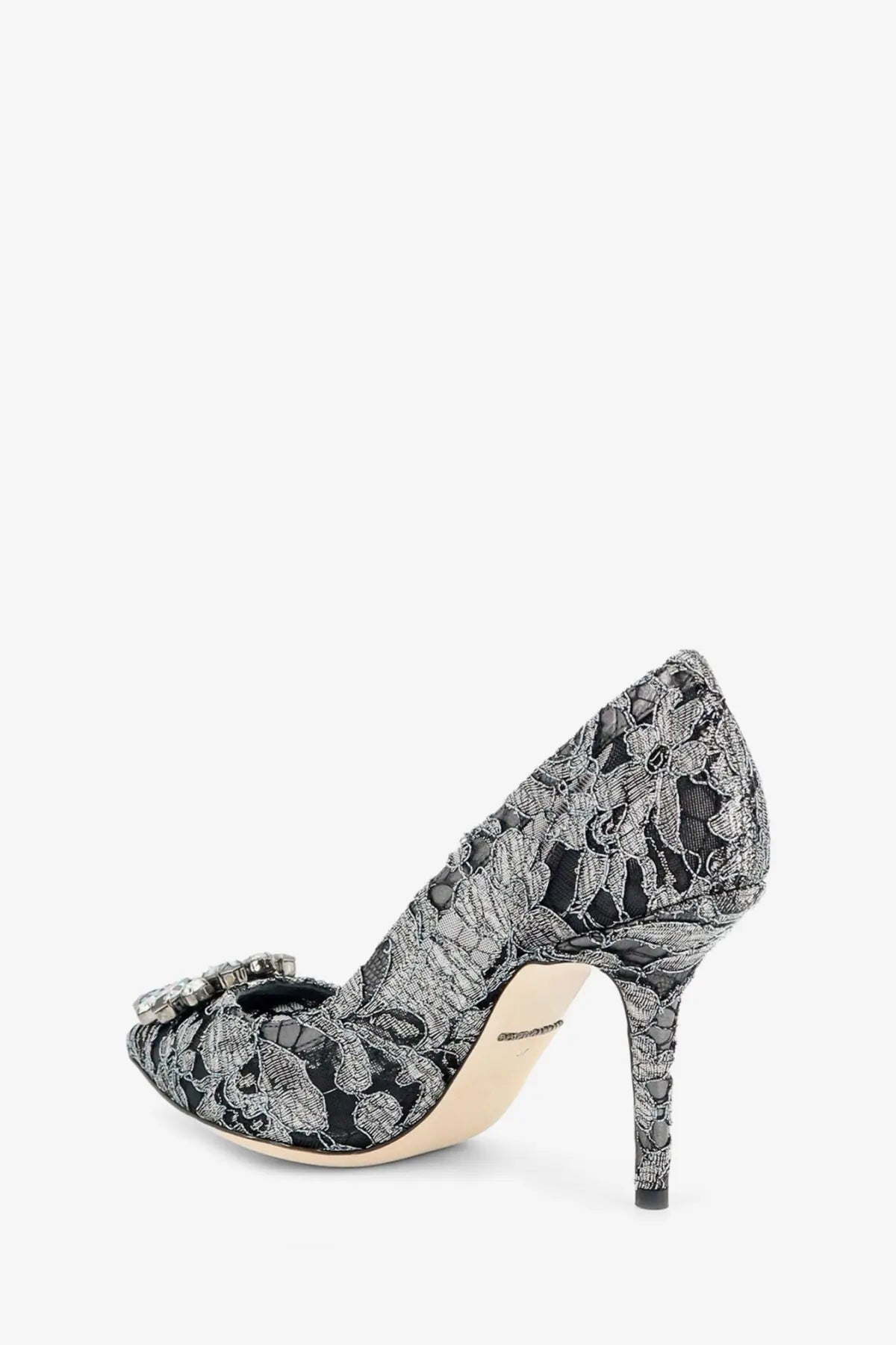 Dolce &amp; Gabbana women’s Bellucci lurex lace pump in black and silver with crystal toe embellishment