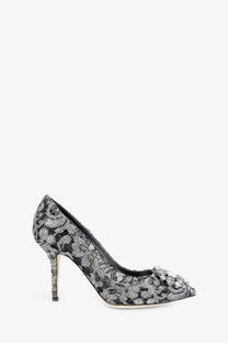 Dolce &amp; Gabbana women’s Bellucci lurex lace pump in black and silver with floral embellishment at the toe