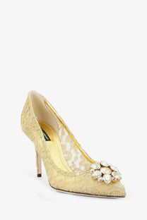 Dolce &amp; Gabbana women’s gold lace pump with crystal flower embellishment and lurex detail, elegant designer footwear