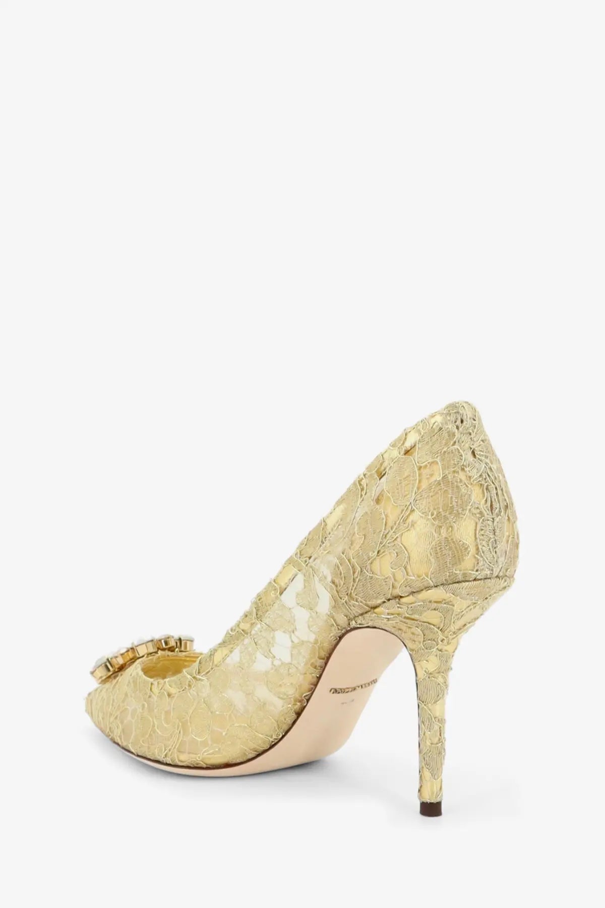 Dolce &amp; Gabbana women’s gold lace pumps with decorative buckle at the toe elegant lurex lace footwear
