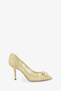 Dolce &amp; Gabbana women’s gold lace pump with crystal embellishment at the toe in lurex material