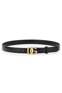 Dolce &amp; Gabbana women’s black leather belt with gold-tone dg logo buckle for stylish accessory use
