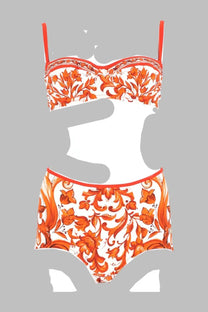 Dolce &amp; Gabbana women’s vibrant orange and white floral-patterned two-piece swimsuit with thin straps