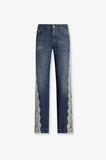 Dolce &amp; Gabbana women’s blue denim jeans with delicate white lace trim running down the outer sides of each leg