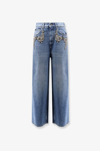 Dolce &amp; Gabbana women’s blue high-waisted wide-leg denim jeans with silver and gold beaded embroidery on front pockets