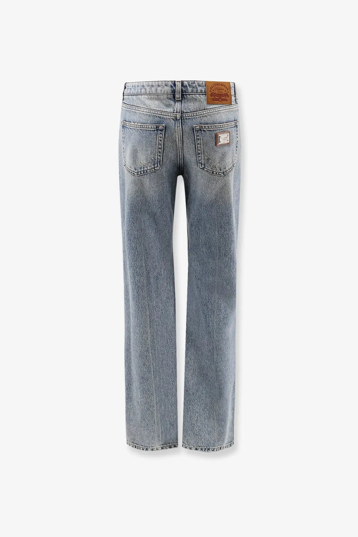 Dolce &amp; gabbana women’s blue light-wash denim jeans with straight-leg cut and brown leather patches on the back