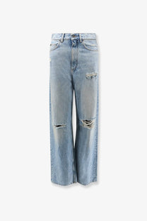 Dolce &amp; Gabbana women’s blue light-wash denim wide-leg jeans with distressed frayed knee holes and high-rise waistband