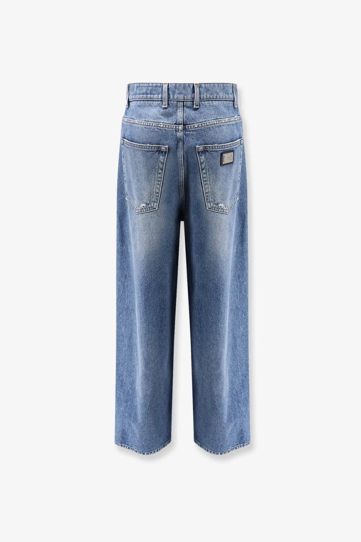 Dolce &amp; Gabbana women’s blue denim wide-leg jeans with a light wash faded blue hue and subtle distressing at pockets